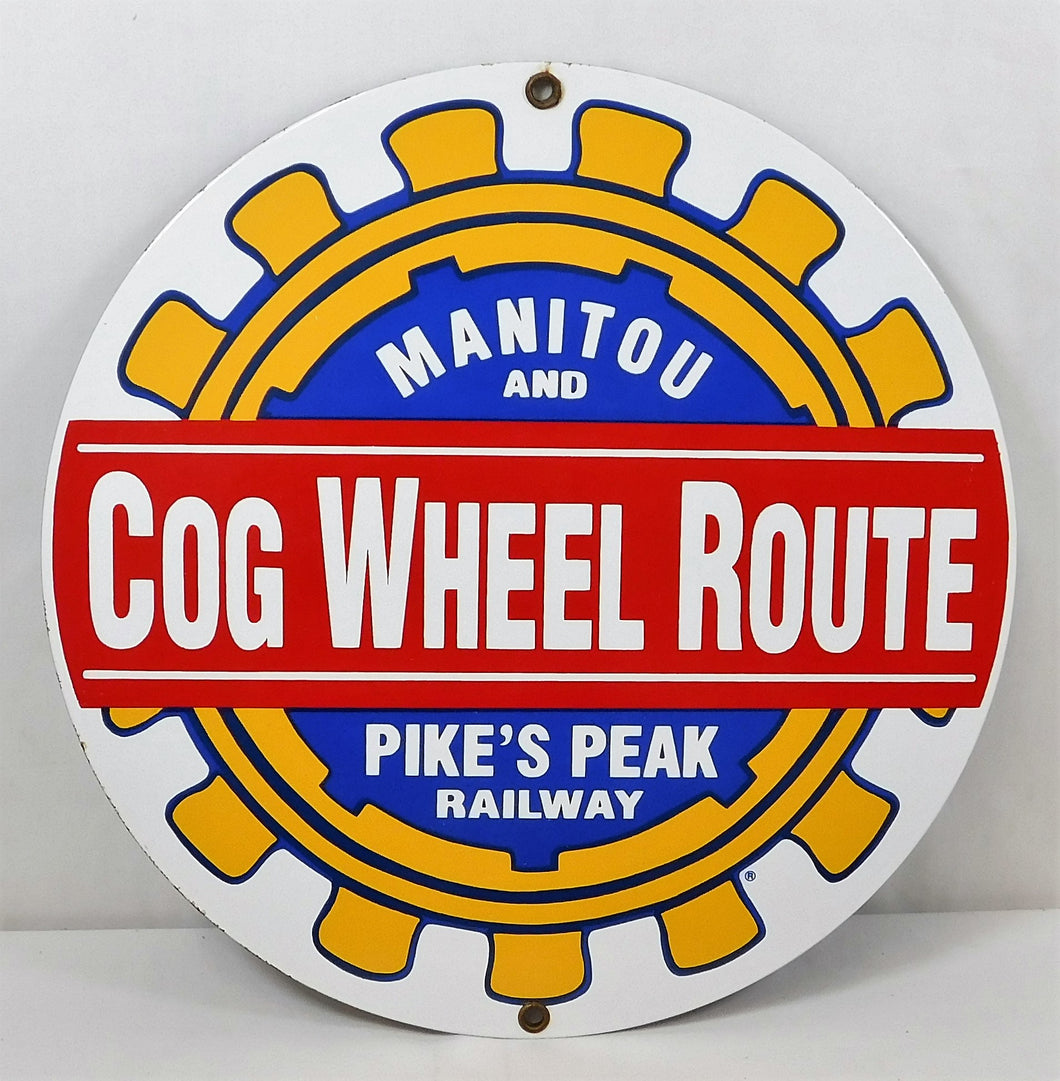 Vintage Look Sign Manitou Pikes Peak Cog Wheel Railway Porcelain Painted Metal