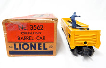 Load image into Gallery viewer, Lionel 3562-50 ATSF yellow operating barrel car w/box &amp;instrctions Santa Fe 55-5

