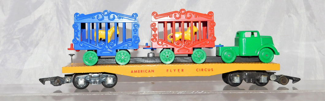 American Flyer #643 Yellow Wood Circus Flatcar w Lion/Zebra Cages+Truck RESTORED