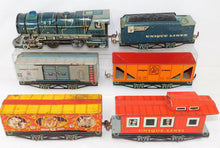 Load image into Gallery viewer, UNIQUE Arts 1950 TRAIN set #1950 Steam w/ JewelT Circus Tiger car &amp; freight cars
