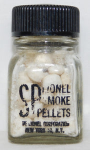 Lionel SP Smoke Pellets bottle FULL 50 tablets CLEAR bottle Early 1940s black Print