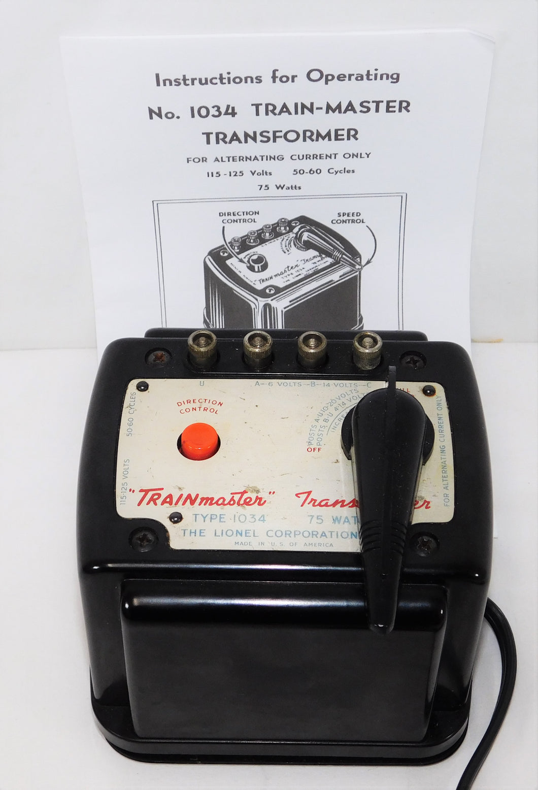 Lionel 1034 75 watt transformer Postwar 1948-54 red/blue print direction control Serviced