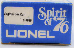Lionel 6-7610 State of Virginia Box Car Spirit of 76 Bicentennial colony Boxed