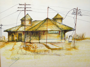 Framed Hearne Texas Depot Watercolor Train Railroad Station 1982 original Ellis